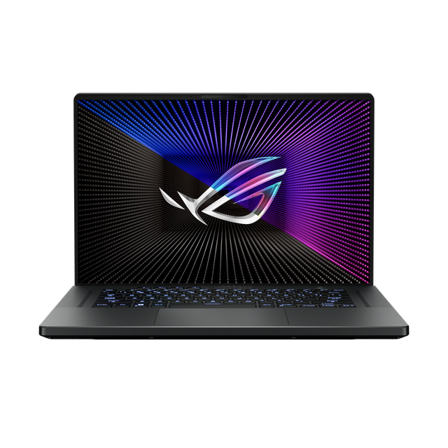 Shot of the Rog Zephyrus G16 With the With the Lid Open, With the Rog Fearless Eye Logo on Screen